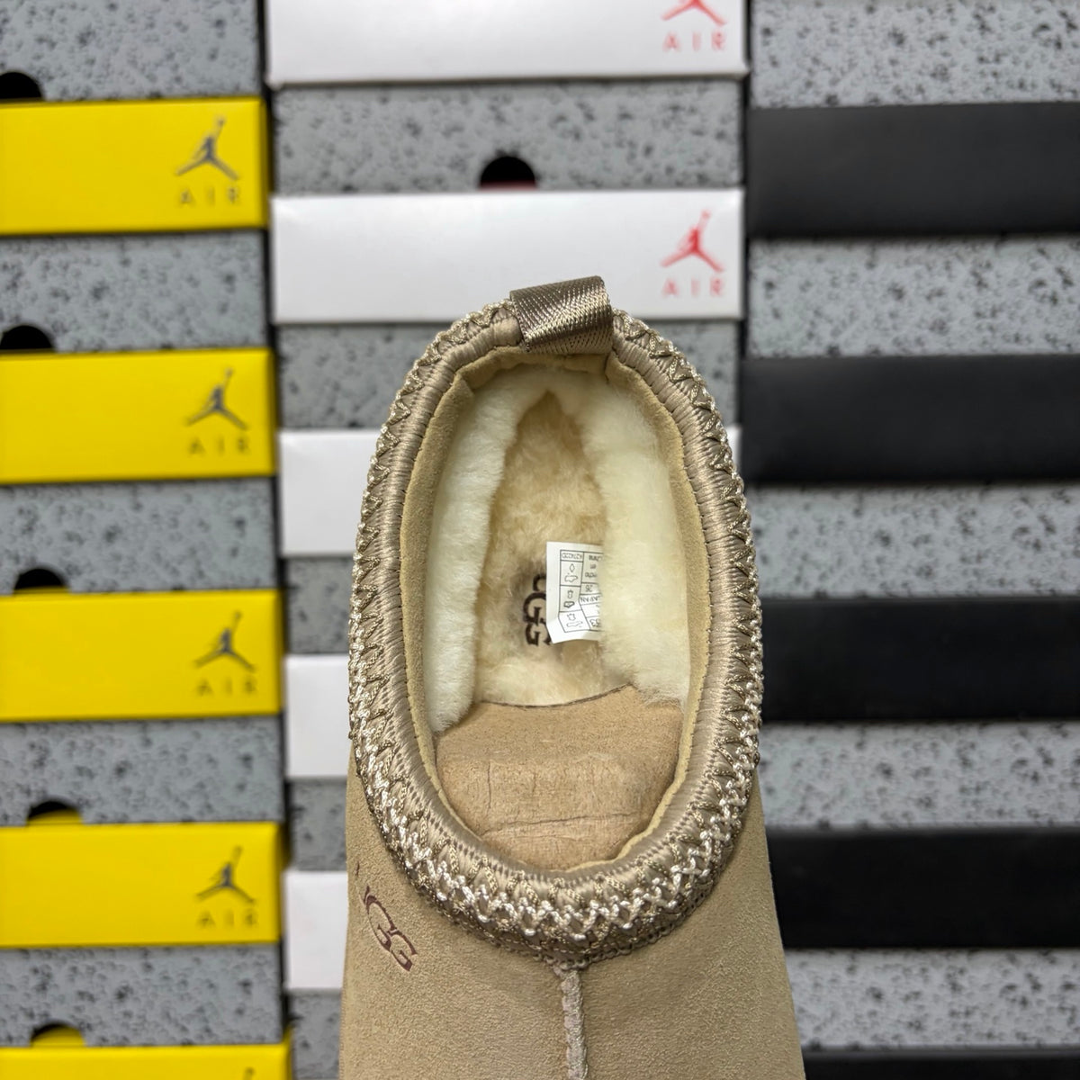 UGG Tazz Platform Slipper – Suede Mule with Shearling Lining, Metallic Braided Collar Trim & Chunky Sugar Sole Platform in Sand